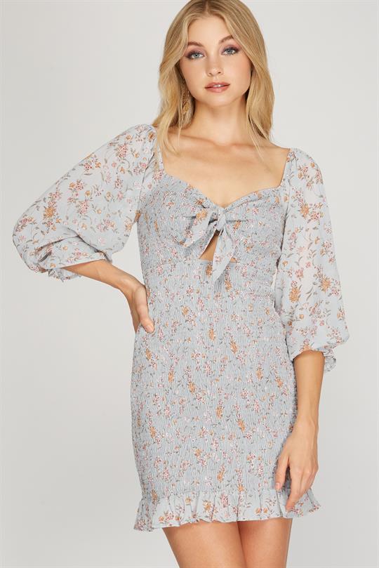 FRONT TIE FLORAL SMOCK MINI