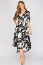 Load image into Gallery viewer, FLORAL SATIN WRAP DRESS
