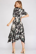 Load image into Gallery viewer, FLORAL SATIN WRAP DRESS
