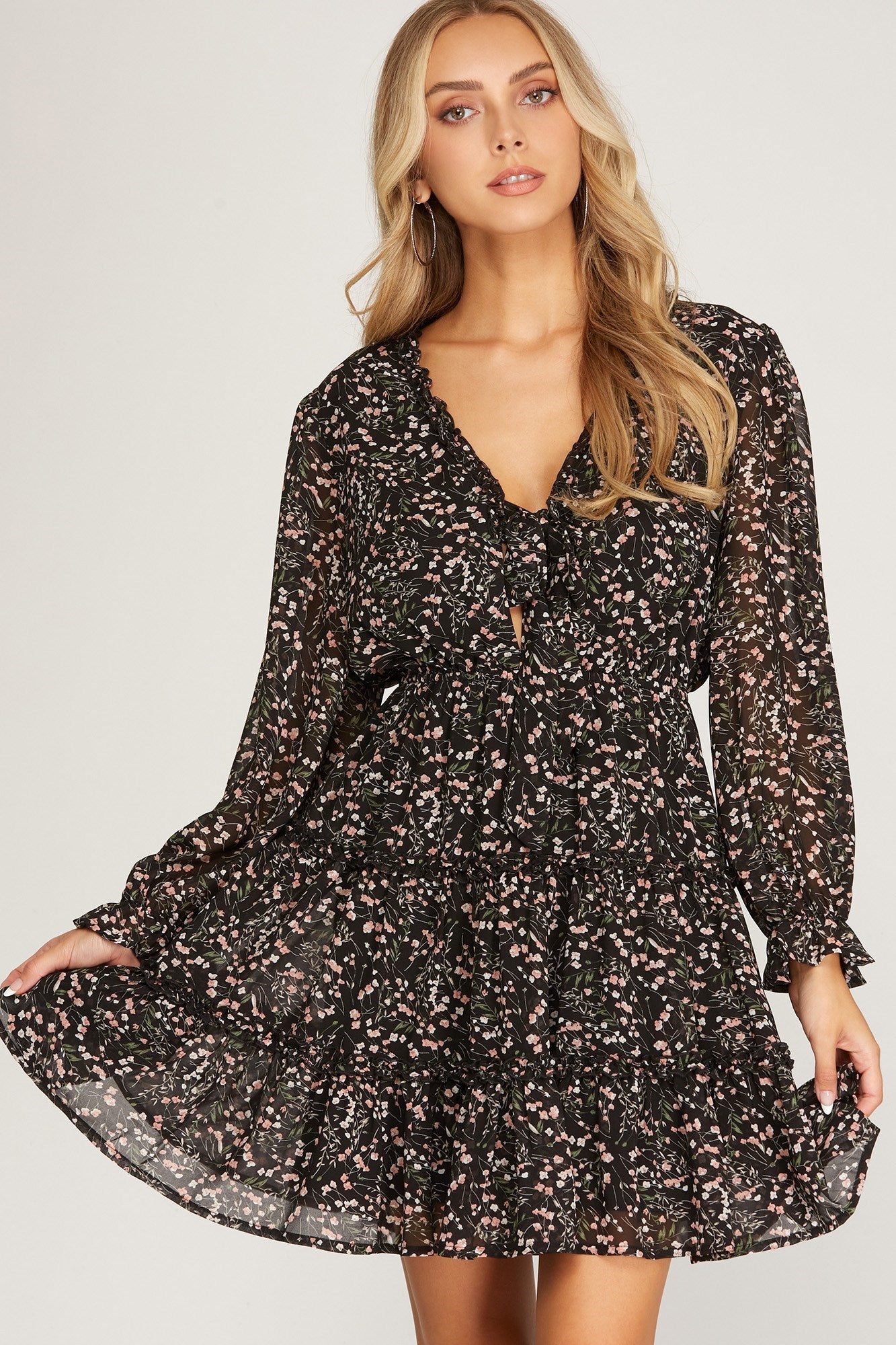 TIE FRONT RUFFLED FLORAL DRESS